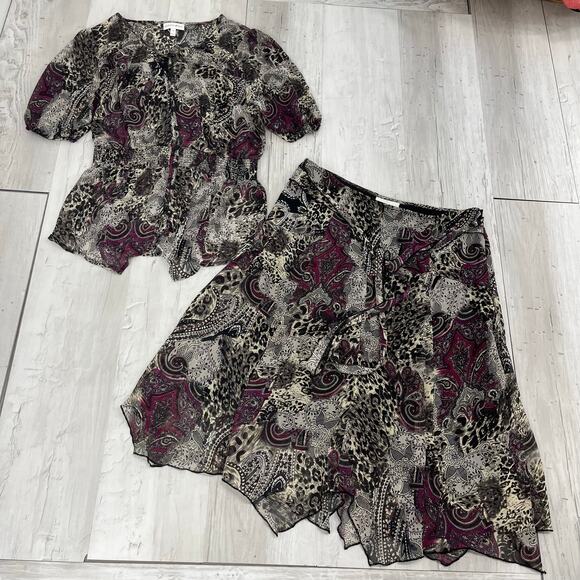 Fashion Bug Vintage 2 Piece Flowy Shirt Skirt Set Fairy Paisley Animal Print - Picture 1 of 16